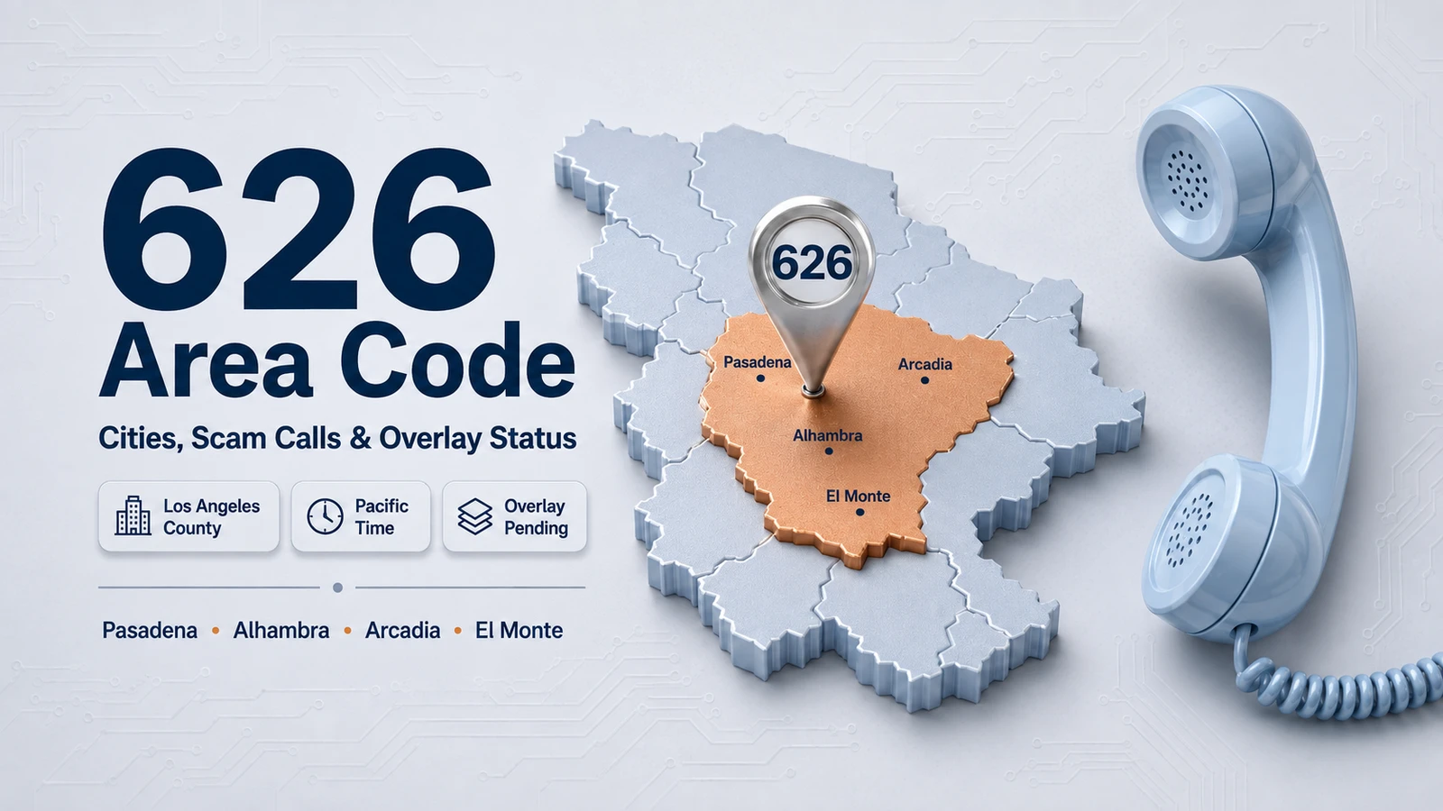 626 area code guide covering cities, scam calls, and pending overlay status in the San Gabriel Valley.