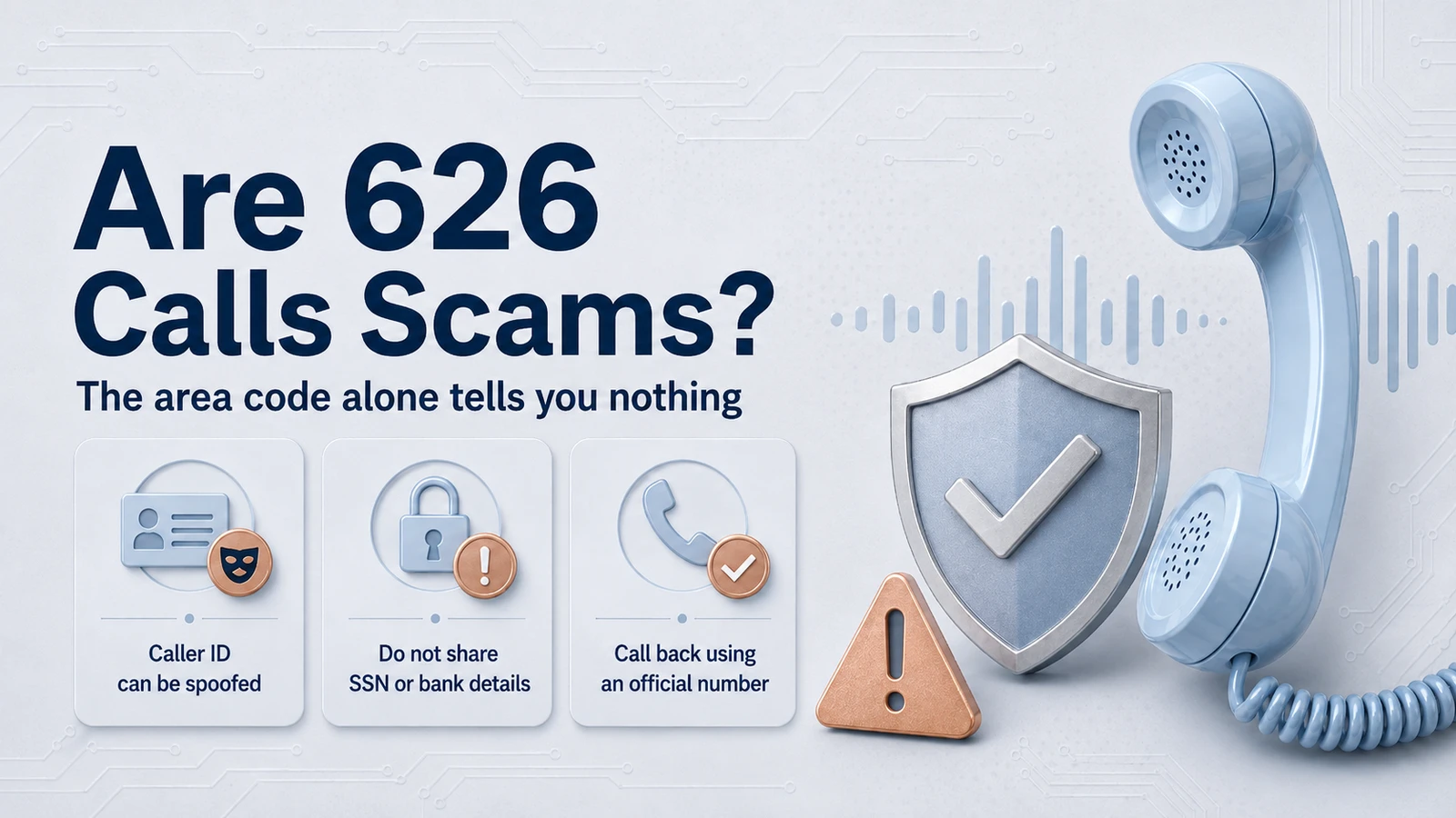 626 scam-call safety guidance showing caller-ID spoofing, protecting personal information, and using official callback numbers.