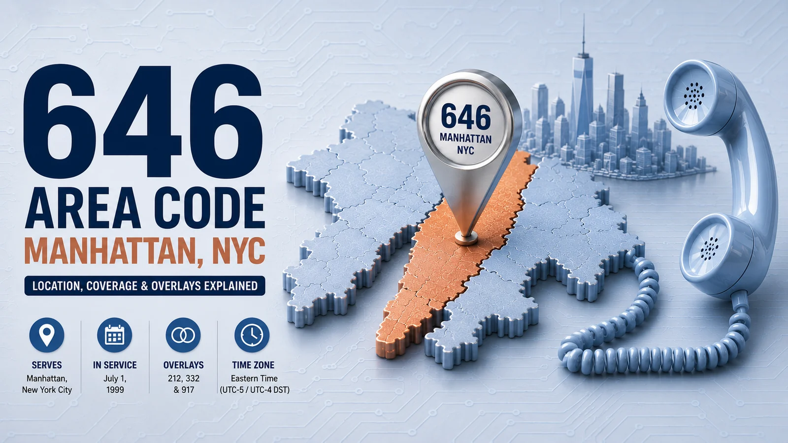 646 area code Manhattan NYC location, coverage and overlays infographic