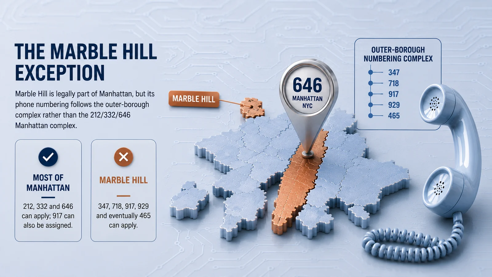 Marble Hill exception to the Manhattan 646 area code numbering region