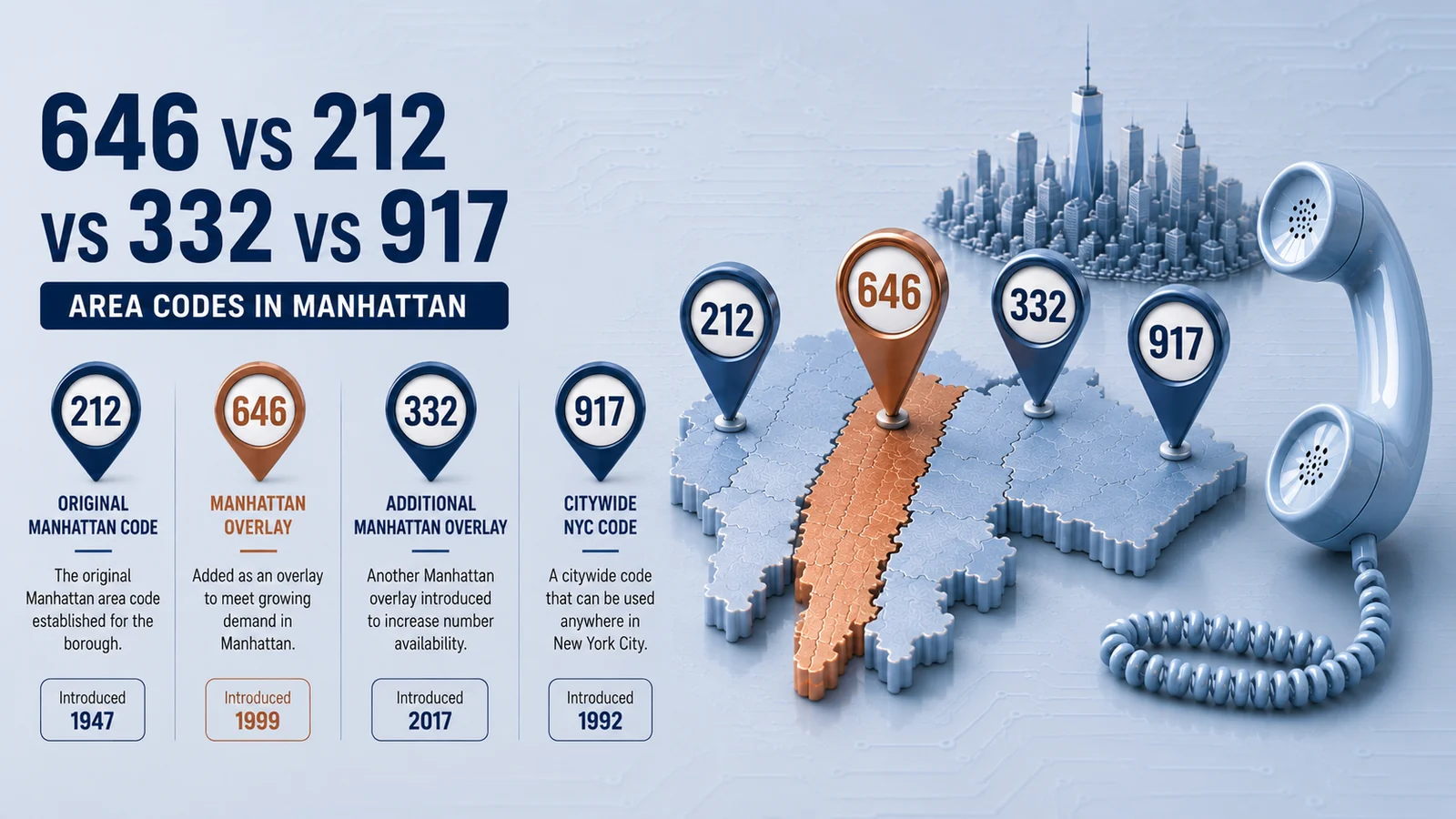 646 vs 212 vs 332 vs 917 Manhattan area codes comparison